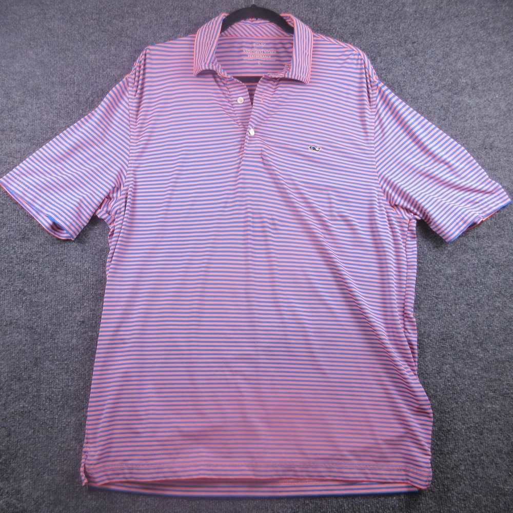 Vineyard Vines Polo Shirt Mens Large Pink Blue‎ Striped Performance Golf Whale